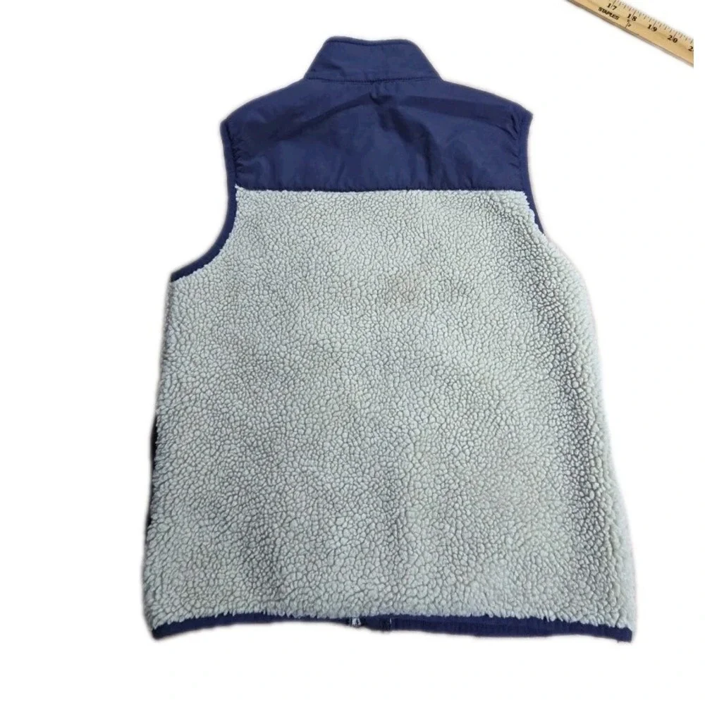 LANDS END Boys Cream Color Sherpa Navy Trim Vest Zip‎ Front & Pockets Size Small